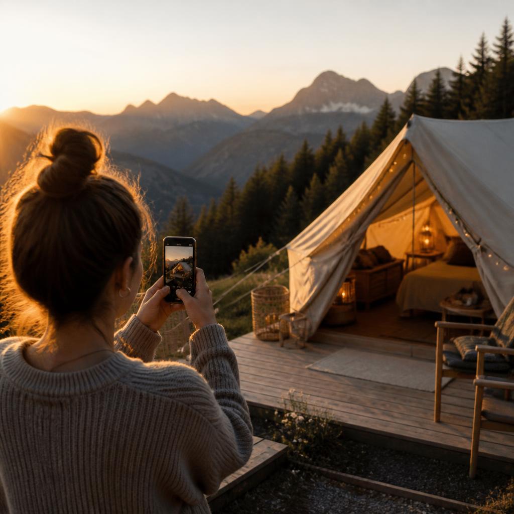 Photographie d'une tente de glamping au coucher du soleil avec un smartphone