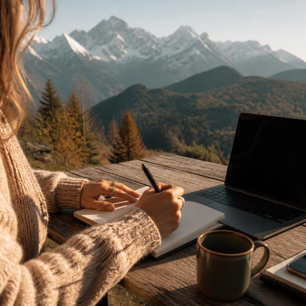 Carnet et ordinateur sur une table en bois face aux montagnes de Savoie
