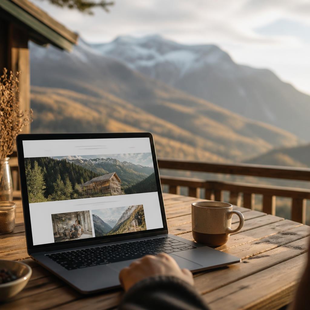 Ordinateur portable affichant un site web sur une terrasse en bois en montagne